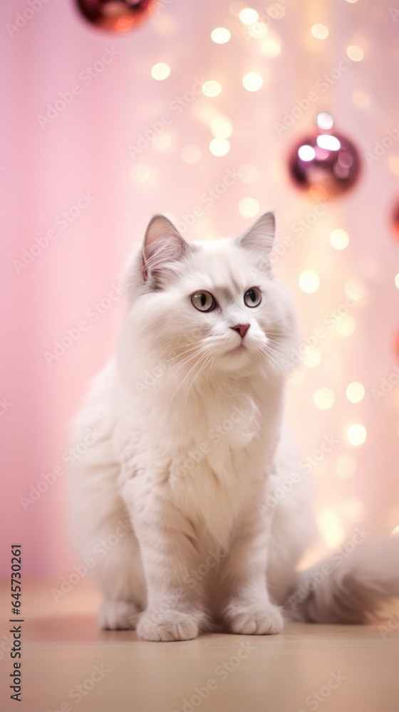 white cat at christmas with pink background, baubles in background white cat at christmas with pink background, baubles in background