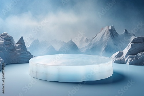 Blue podium on a background of icebergs,related to cold. Generative AI © Songpol