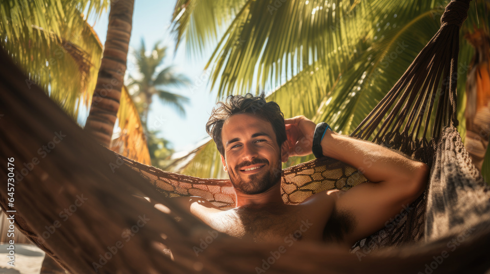 Happy man lies in a hammock against a backdrop of palm trees and the sea during a vacation - obrazy, fototapety, plakaty 