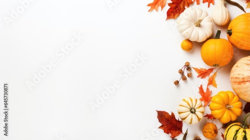 Autumn flat layout of pumpkins and seasonal items  white background
