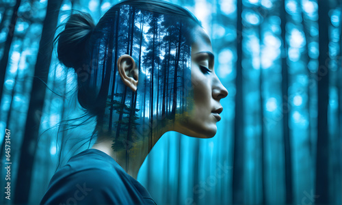 Double exposure portrait of woman blending into forest forest goddess woman in nature