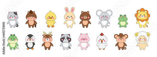 Kawaii animals. Cute farm characters, zoo and wildlife animals. Little cat, horse and baby duck, rabbit and chicken. Frog chicken and lion. Nursery decor. Vector cartoon tidy illustration