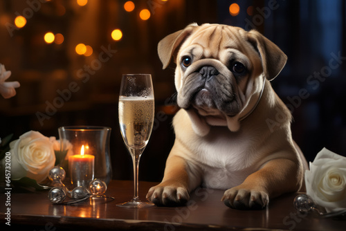  bulldog sitting with glass of champagne or wine. Celebrating, festive concept © zamuruev