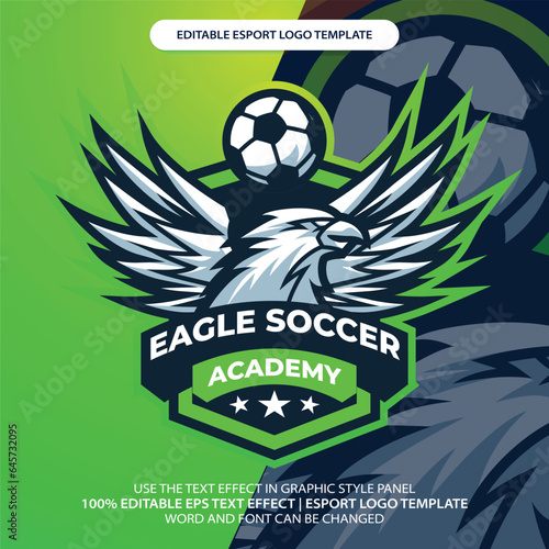 Great Flying Mascot Character Eagle Sport Soccer Academy Logo in Isolated Green Background
