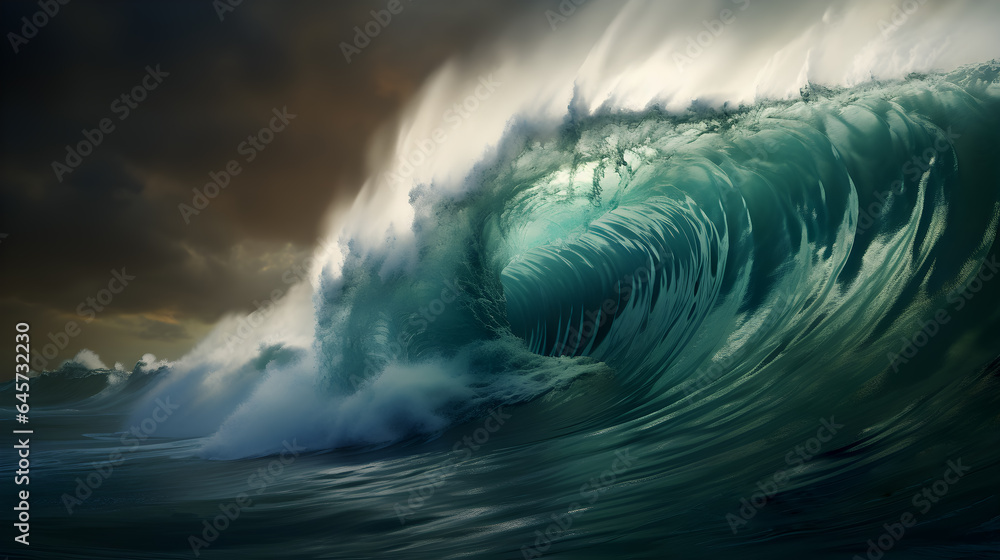 Image of a big wave breaking on the high sea.  - obrazy, fototapety, plakaty 