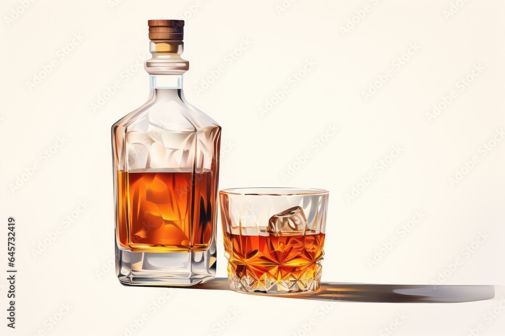 Illustration of a whiskey bottle with glass, white background Illustration of a whiskey bottle with glass, white background