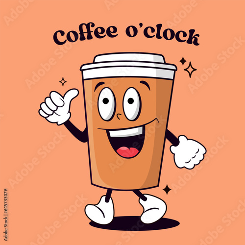 Cartoon coffee cup with quote Coffee o'clock, retro mascot character. Vector illustration.