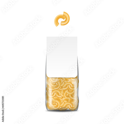 Pasta package. Black packaging. Empty white label, realistic Italian food. Raw macaroni and spaghetti. Wheat flour product. Transparent cellophane. Vector 3d object, realistic illustration