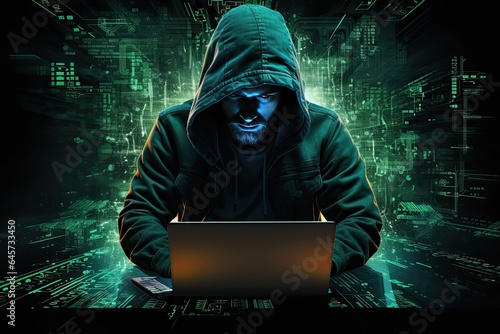 Portrait of bad hacker working on computer