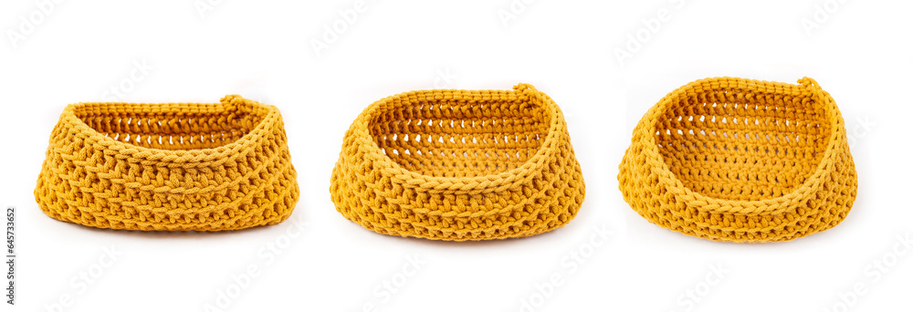 Cooton cord crochet basket in three angles, isolated on white Cooton cord crochet basket in three angles, isolated on white