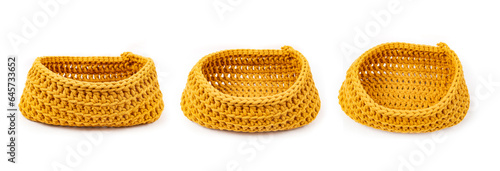 Cooton cord crochet basket in three angles, isolated on white