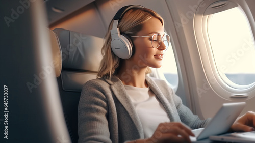 female passenger of airplane sitting in comfortable seat listening music in earphones while working at modern laptop computer.