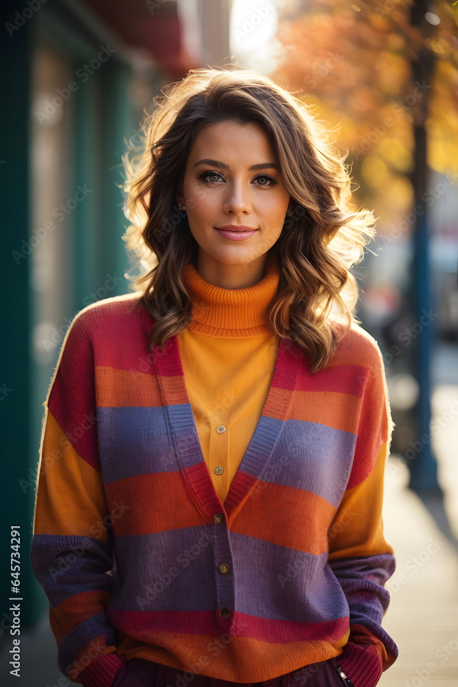 full body shot of a beautiful adult woman wearing modern colorful clothes with warm sunlight flare. Image created using artificial intelligence. full body shot of a beautiful adult woman wearing modern colorful clothes with warm sunlight flare. Image created using artificial intelligence.