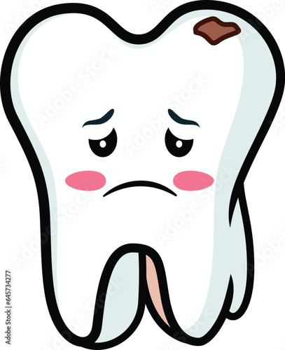 Sad tooth vector mascot illustration ,  unhappy sad tooth icon symbol clip art colored and black and white line art stock vector image