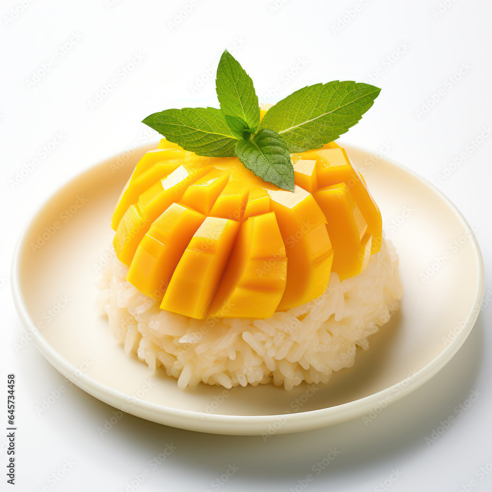 mango sticky rice topped with mint leaves, thai dessert, traditional yummy dessert, generative ai mango sticky rice topped with mint leaves, thai dessert, traditional yummy dessert, generative ai