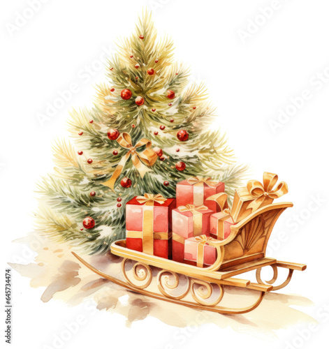 Christmas sleigh with presents, wreath and tree