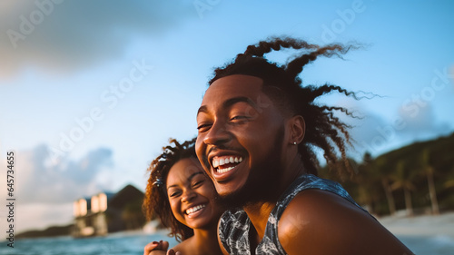 Black couple, travel and beach fun while laughing on sunset nature adventure and summer vacation or honeymoon. © JKLoma