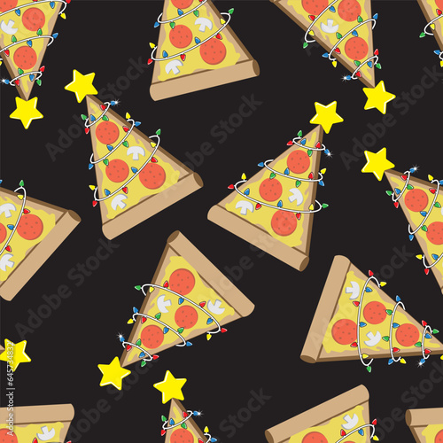 Christmas tree Pizza with christmas lights and star on the top. Seamless pattern. Vector illustration.