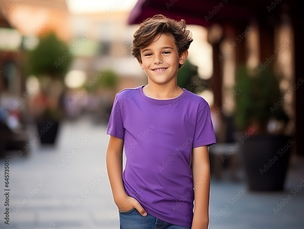 Cute boy wearing blank empty purple t-shirt mockup for design template