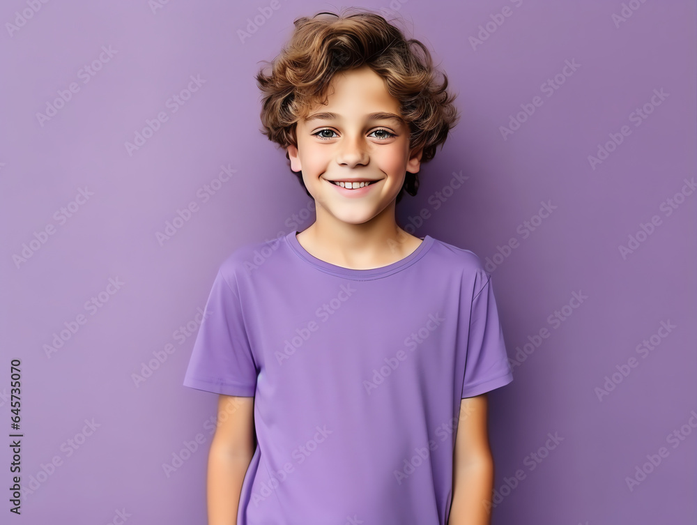 Cute boy wearing blank empty purple t-shirt mockup for design template Cute boy wearing blank empty purple t-shirt mockup for design template