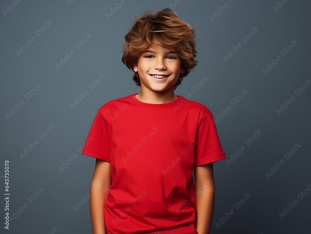 Cute boy wearing blank empty red t-shirt mockup for design template Cute boy wearing blank empty red t-shirt mockup for design template