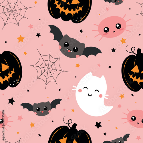 Halloween seamless pattern. Vector illustration of cute ghost cats, pumpkins, spiders and bats on a pink background. Vector cartoon seamless pattern.