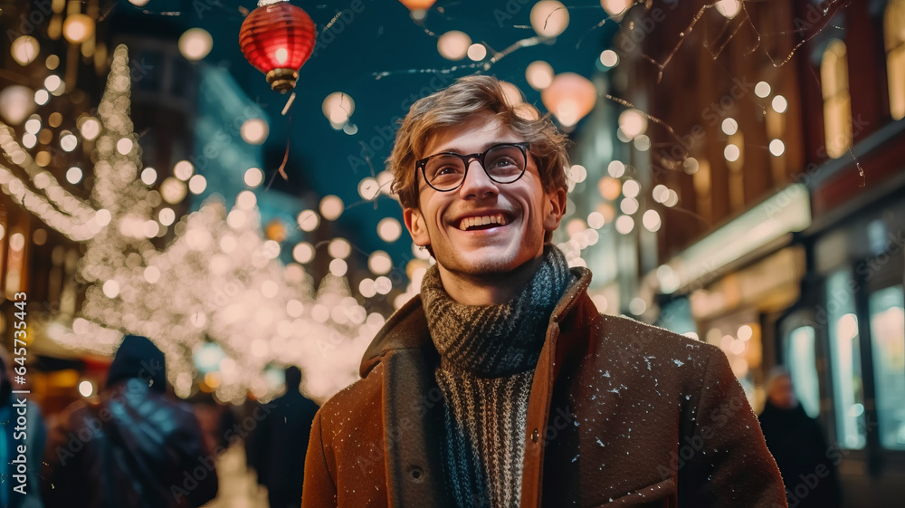 young male in warm clothes and eyeglasses smiling while looking up at lanterns and admiring London city street at night Generative ai