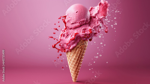 Delicious Raspberry sorbet ice cream cone floating in the air