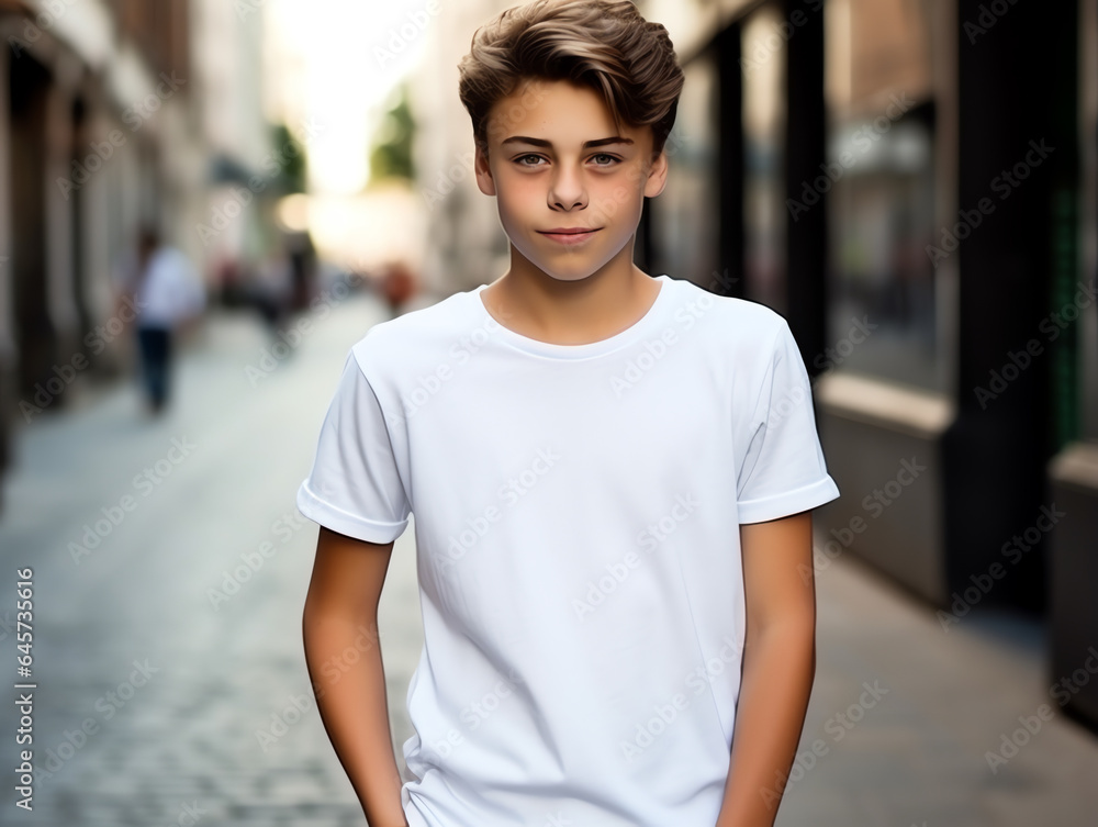 Cute boy wearing blank empty white t-shirt mockup for design template Cute boy wearing blank empty white t-shirt mockup for design template