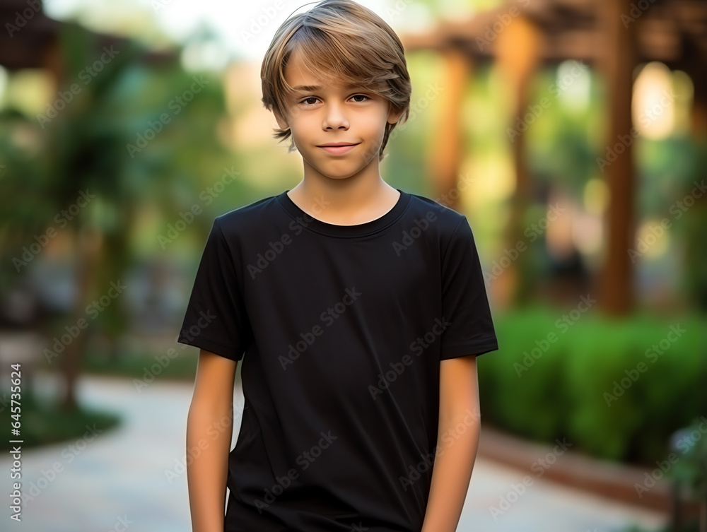 Cute boy wearing blank empty black t-shirt mockup for design template Cute boy wearing blank empty black t-shirt mockup for design template