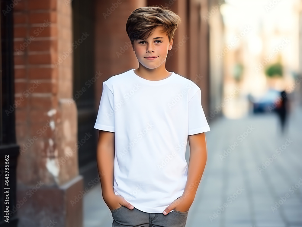 Cute boy wearing blank empty white t-shirt mockup for design template