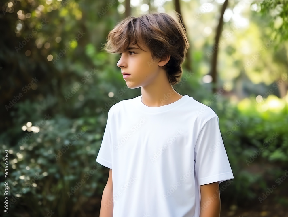 Cute boy wearing blank empty white t-shirt mockup for design template Cute boy wearing blank empty white t-shirt mockup for design template