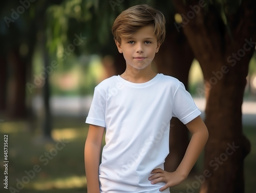 Cute boy wearing blank empty white t-shirt mockup for design template