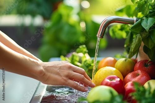 Hand washing fruits with tap water in bright kitchen