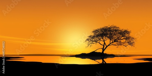 African Sundown: Minimalist Tree Silhouette Against an Orange Sky, Perfect for a Relaxing Holiday Atmosphere