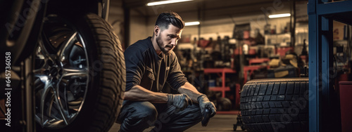Valokuva Car mechanic working in garage and changing wheel alloy tire