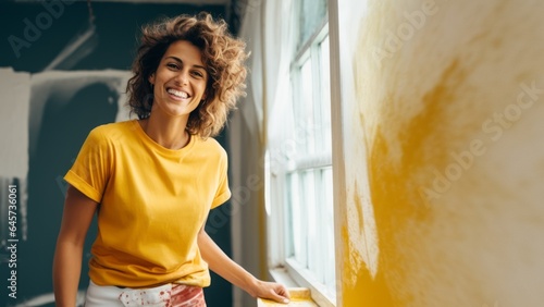 A woman in a yellow T-shirt is painting a wall in her house.