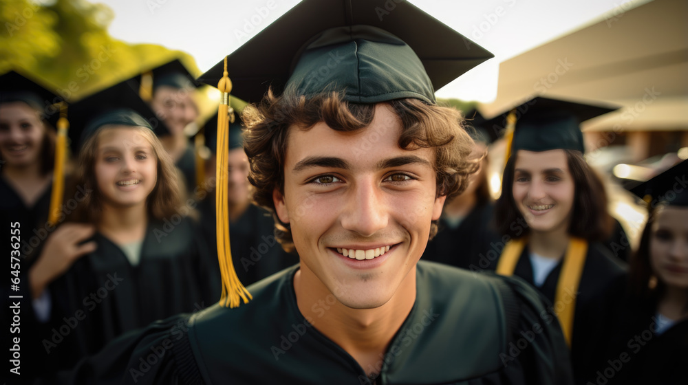 Fototapeta premium Happy smiling graduating student guy in an academic gown standing in front of other alumni
