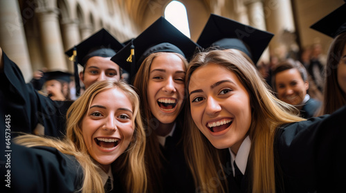 Happy smiling graduating students friends in an academic gowns standing in front of college © MP Studio