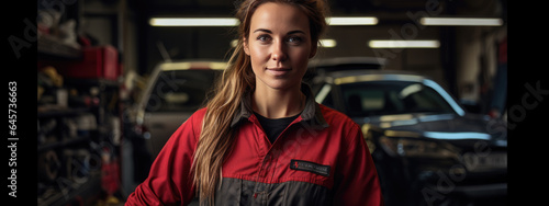 Portrait of a female mechanic in a car service against the backdrop of cars.