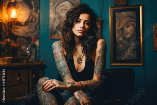 pretty young woman with tattoos indoors