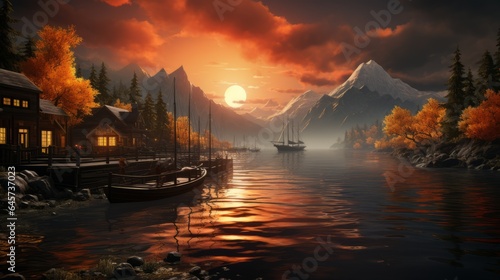 Tranquil Sunset Reflection over Lake and Landscape © senadesign