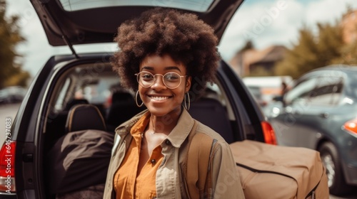 Female afro student prepares for college, loading her car cheerfully. Generative AI