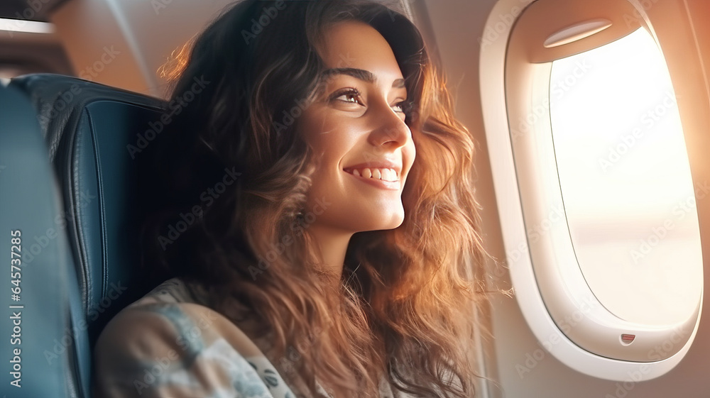 Young woman traveler looking view at window in airplane with happiness and relaxing Young woman traveler looking view at window in airplane with happiness and relaxing
