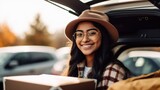 Joyful young Indian female student loads car with supplies before college. Generative AI