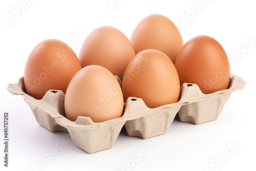 Fresh raw chicken eggs in carton box on white background