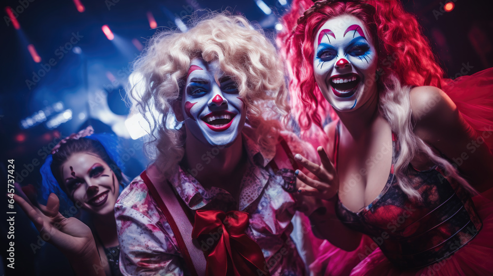 Obraz premium Young People in Costumes Celebrating Halloween. Group of Young Happy Friends Wearing Halloween Costumes having Fun at Party in Nightclub