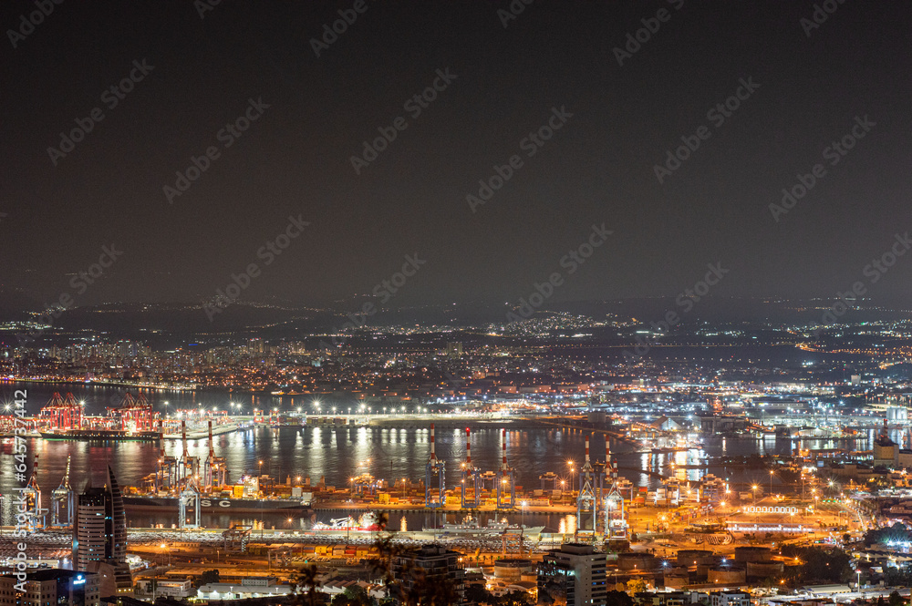night view of the Haifa city and Akko bay