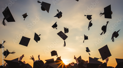 College graduated students throwing their caps up in celebration of graduation