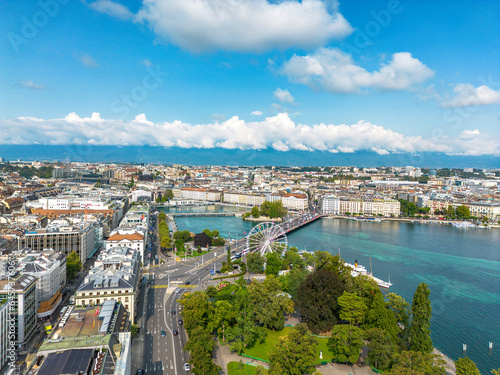 Aerial panoramic view over Geneva city in Switzerland